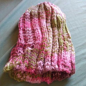 Knit pink and green beanie